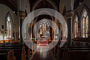 the inside of a church with pews and stained glass windows and a red carpeted floor and a red and white rug on the floor photo