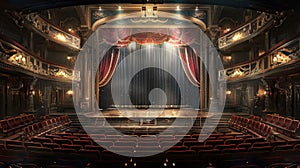 Inside classic vintage theatre, interior of old luxury theater auditorium, view of empty stage and curtain. Concept of opera hall