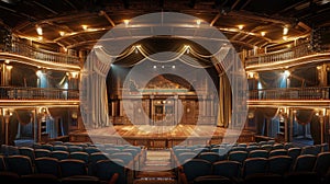 Inside classic vintage theatre, interior of old wooden theater auditorium with empty stage. Concept of opera hall, concert, show,