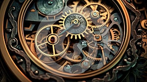 Inside a clock. Gears, cogs, watch mechanism. Mechanical metal machine. Industrial vintage parts. Engineering time.