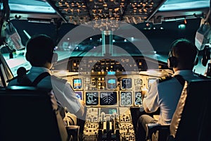 Inside cockpit on ground at an airport, both pilots are operating the airplane moving to the runway. Generative AI.