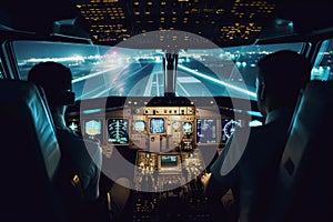 Inside cockpit on ground at an airport, both pilots are operating the airplane moving to the runway. Generative AI.