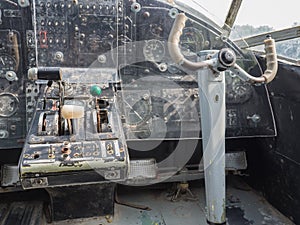 Inside the cockpit of a vintage small jet plane