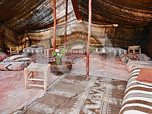 Inside of colorful Bedouin tent in Marrakech, Morocco.