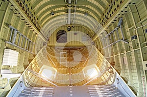 Inside the compartment of a large cargo helicopter.