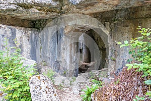 Inside corridors and doors of Fort Hermann. Crumbling World War I Fortress near Mount Rombon. Bovec, Gorizia, Slovenia