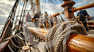 Inside the deck of a ship a group of sailors are hard at work adjusting the rigging and ropes to catch the wind just