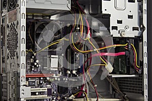Inside of a desktop computer cabinet.