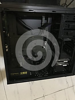 Inside a Desktop Computer Case Showing Internal Components and Cables