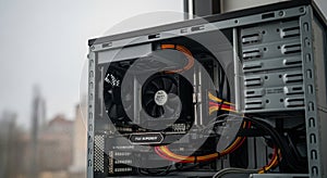 Inside Desktop Computer PC Case Motherboard, CPU Cooler, RAM, GPU, Cables. Modern PC Hardware Assembly Upgrade