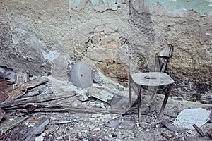 Inside destroyed buildings. Empty destroyed room in an abandoned factory