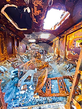 Inside of destroyed Russian armoured personnel carrier, Kyiv, Ukraine