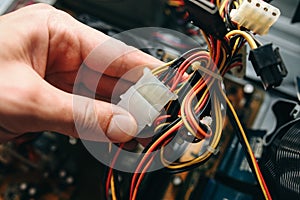 Inside details of the old personal computer. Cooler, motherboard, wires and video card in the dust. Man is holding cables in his