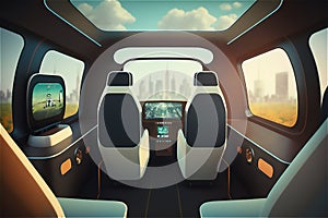 inside of Driverless Autonomous autopilot Vehicle. Futuristic SelfDriving taxi car empty salon in a Modern City with photo