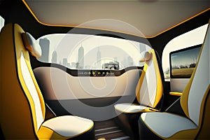 inside of Driverless Autonomous Vehicle. Futuristic Self-Driving taxi car empty salon in a Modern City with cityscape