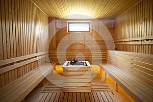 Inside dry sauna wide view