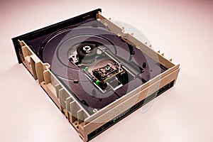 In the inside of a dvd rom reader with a laser