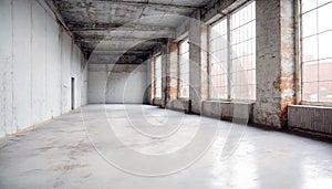 Inside of an empty, large warehouse building with concrete walls, floor and huge windows.