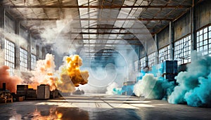 inside empty warehouse clouds of bright colorful blue purple pink yellow smoke float in air AI Generated