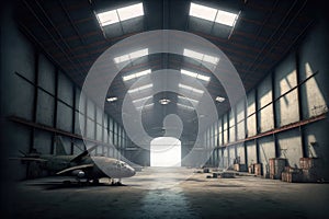 Inside empty warehouse or hangar with large structure for industrial background