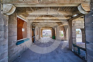Inside entrance of abandoned train station in ghost town