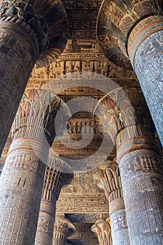 Inside Esna Temple, the imposing columns adorned with hieroglyphs stretch towards the ornate ceiling. photo