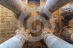 Inside Esna Temple, the imposing columns adorned with hieroglyphs stretch towards the ornate ceiling. photo