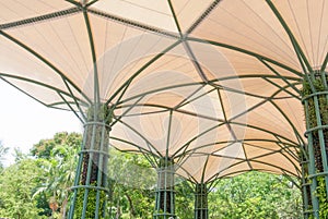 Inside of fabric roof structure stadium with plant