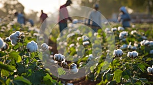 Inside the factorys garden employees work together to tend to rows of organic cotton plants. The harvested cotton will photo