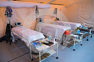 Inside field hospital tent