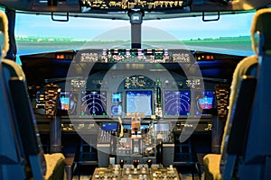 Inside flight simulator cockpit training