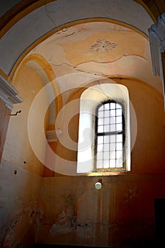 Inside the fortified medieval church in the village Veseud, Zied, Transylvania