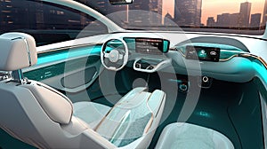 Inside futuristic car. Neon auto, modern interior and road grid. Driverless vehicle on night traffic background