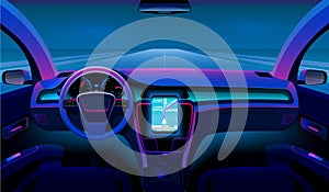 Inside futuristic car. Neon auto, modern interior and road grid. Driverless vehicle on night traffic vector background