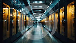 Inside a futuristic corridor, a vanishing point of computer equipment generated by AI