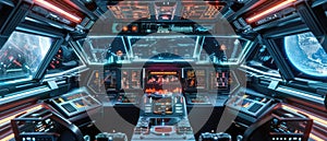 Inside futuristic spaceship cockpit, modern cabin with control panels and dashboard, interior of command room. Theme of scifi,