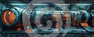 Inside a futuristic submarine: advanced periscope and control panels highlighted