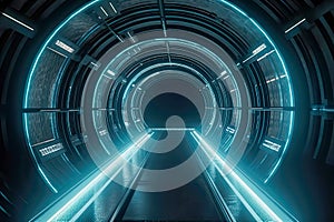 Inside a futuristic tunnel for hyperloop capsules created with Generative AI technology.
