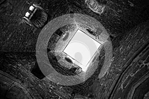 Inside the Glastonbury Tor tower on the Glastonbury Hill