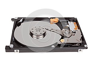 Inside of hard disk drive. HDD isolated on white background