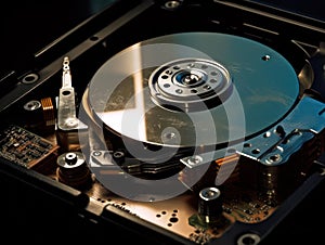 The inside of a hard drive with its spinning platters and read/write heads visible created with Generative AI