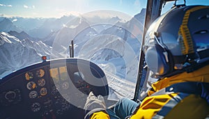 Inside helicopter photo of pilot in Rotorcraft cockpit flying over high altitude valleys mountains, glaciers and over 7000m peaks
