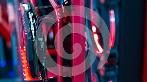 Inside a high performance computer. Computer circuit board and CPU cooling fans illuminated by internal LEDs inside a