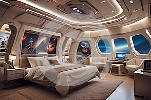 Inside a high-tech spacecraft, featuring sleek design and advanced technology photo