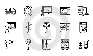 inside home line icons. linear set. quality vector line set such as desk, closet, hair dryer, bed, cooling fan, console, air