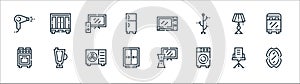 inside home line icons. linear set. quality vector line set such as mirror, smart washing machine, closet, oven, light bulb,