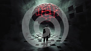 Inside a human mind, a person trapped in his own thoughts. Brain in the shape of a labyrinth. Decisions to be made photo