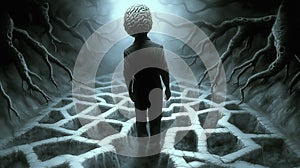 Inside a human mind, a person trapped in his own thoughts. Brain in the shape of a labyrinth. Decisions to be made photo