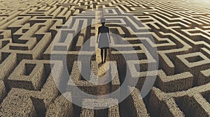 Inside a human mind, a person trapped in his own thoughts. Brain in the shape of a labyrinth. Decisions to be made photo
