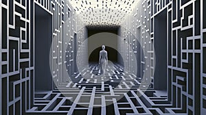Inside a human mind, a person trapped in his own thoughts. Brain in the shape of a labyrinth. Decisions to be made photo